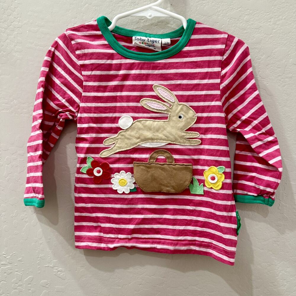 Toby Tiger Appliqué Easter Bunny Pink Stripe Long Sleeve Shirt